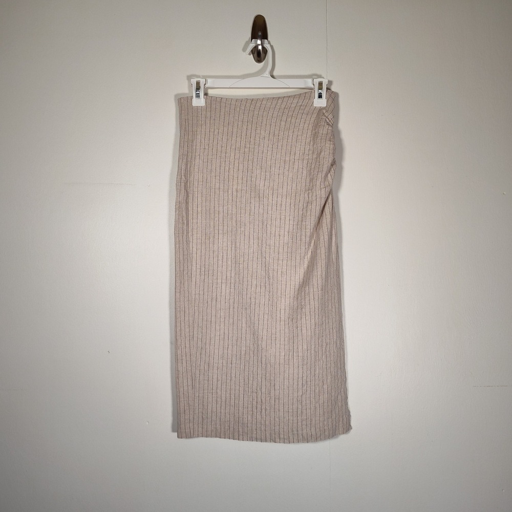Miou Muse Womens Beige Pinstripe Ruched Midi Skirt Slit Linen Blend Size S
